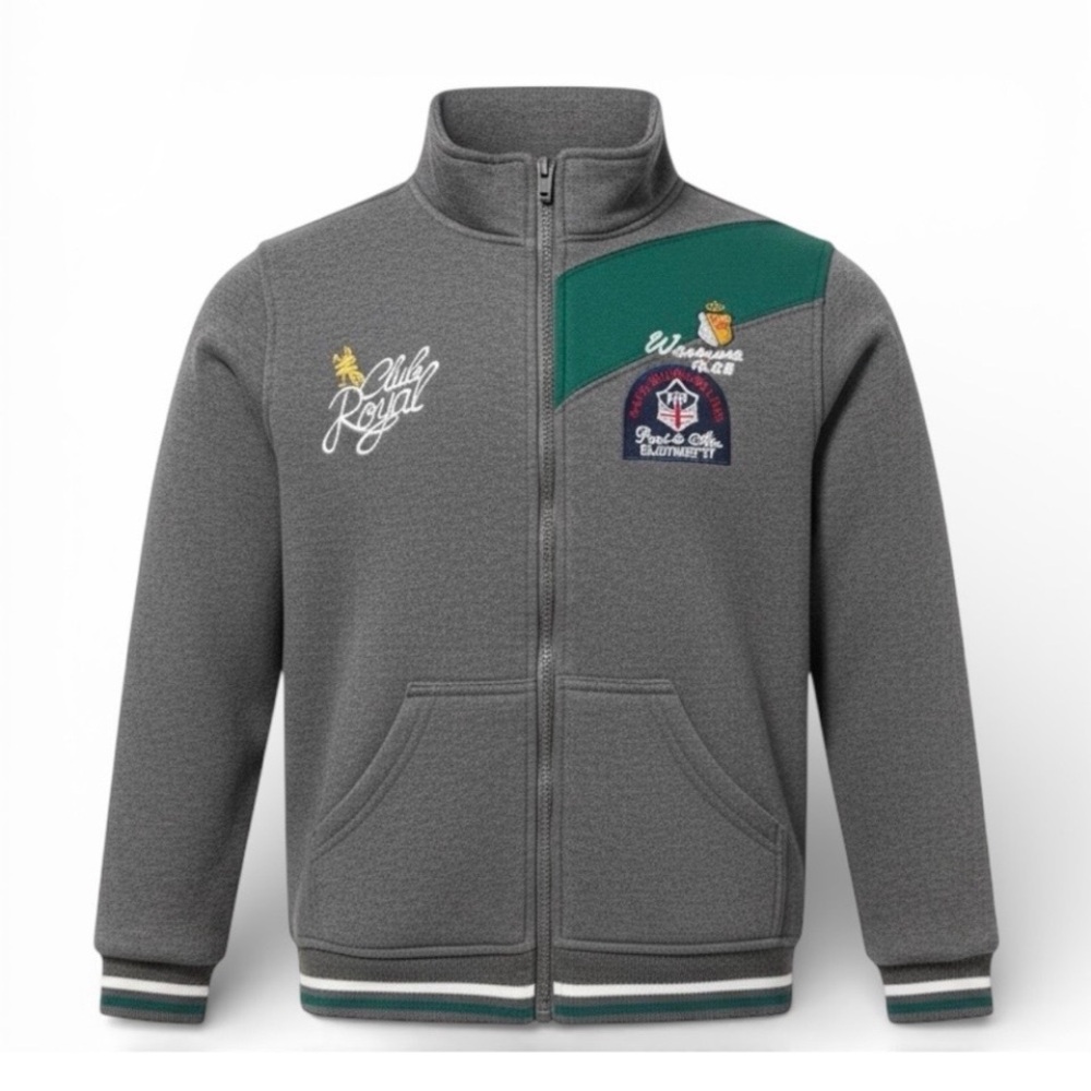 Jacket Casual Wear Boys Kids Cozy Fleece  Gray Green Embroidered Size 11/12